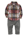 A vibrant plaid button-down is matched with a soft cotton athletic pant for cozy polish.