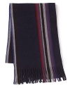 Uniquely designed, this super-soft cashmere scarf features a banded stripe of color that follows through to the fringed ends, adding a sporty yet luxe element to your winter wear.