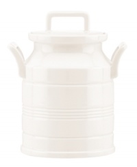 From farm to table, this Milk Can canister acts as both storage and decoration for country-style kitchens. Subtle detailing echoes the ringed Tin Can Alley dinnerware motif in creamy white porcelain.