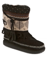 Winter-inspired patterns and tassel detailing around the shaft make the Ricki faux-fur booties by Muk Luks a cold-weather must-have.