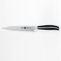 The Twin Cuisine series of knives from Henckels features premium high-carbon stainless steel forged blades with improved cutting edge retention and corrosion resistance. The handles are a creation of new technology - a rivetless, molded handle design with a full tang, no gaps, smooth shape and grip. The Henckels Twin emblem is branded in stainless on the end of the handle.