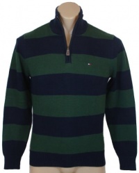 Tommy Hilfiger Mens 1/4 Zip Striped Cardigan Logo Sweater - XS - Green/Navy