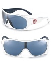 Sporty shield sunglasses with a wrap around silhouette and large logo with Olympic detail along arms.