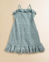 Intricately knit in a delicate pointelle pattern, this adorable linen dress boasts ruffled trim and a peplum hem for a sweet, girlie finish.Straight, ruffled necklineSpaghetti straps form a racerbackPull-on stylingRuffled hemLinenShell: 95% silk/5% elastaneDry cleanImported