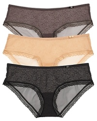 This stretchy hipster from Calvin Klein features a printed mesh front and scalloped lace trim. Style #D3454.