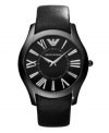 Slim and sophisticated. Everyday dress watch by Emporio Armani crafted of black leather strap and round black-plated stainless steel case. Black dial features applied silver tone Roman numerals, two hands and logo. Quartz movement. Water resistant to 30 meters. Two-year limited warranty.