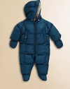 Keep baby snug in this puffy, zip-front, check-lined snowsuit with attached hood, slash pockets, detachable mittens and footies.Attached hoodLong sleeves with detachable mittensZip front and seatElastic cuffs and hemFront slash pockets with snap closureGathered elasticized backDetachable footiesPolyesterMachine washImported