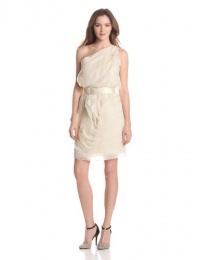 HALSTON HERITAGE Women's One Shoulder Tiered Ruffle Dress with Adjustable Belt