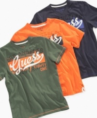 Get screen time. This slit-neck tee from Guess gives him a fresh look for fall.