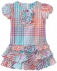 Hartstrings Girls 2-6x Toddler Girl Multi Color Check Ruffled Dress, Orange Multi, 3T