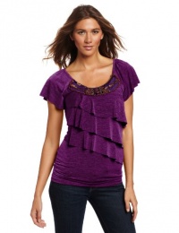 AGB Women's Spacedye Flutter Sleeve Top With Scoop Neck and Tiers