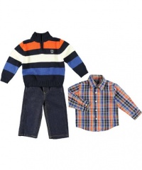 Izod Kids Baby-boys Infant Stripe 1/4 Zip Sweater With Woven Shirt and Denim Jean, Sport Navy, 24 Months