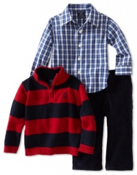 Izod Kids Baby-boys Infant Stripe 1/4 Zip 3 Piece Sweater Set, Rooster Red, 18 Months