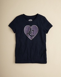 A cotton crewneck tee from Juicy Couture, emblazoned with a large rhinestone heart logo at the center chest.