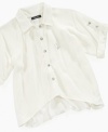 This mixed-fabric chiffon shirt from Baby Phat gets a jewel-button front and roll-tab details for a look that's sweet and simple. (Clearance)