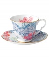 Your table, in bloom. This Blue Peony cup and saucer from Wedgewood offers a look of vintage-inspired beauty, featuring fanciful florals, graceful butterflies and lustrous golden accents for a splendid presentation.