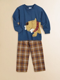 An adorable dog adorns the front of a long-sleeve tee paired with soft plaid pants. TeeRibbed crewneckLong sleeves with ribbbed cuffsDog appliqué Pants Elastic waistband with drawstringTwo front side pocketsTwo back flap pocketsCottonMachine washMade in USA of imported fabric