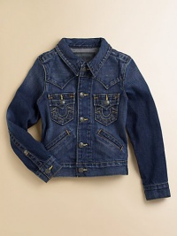 Authentic Western styled jean jacket, updated with contrast stitching and vintage nickel-finished rivets. Shirt collarLong sleevesButton frontFlap pocketsSlash pocketsAdjustable waistCottonMachine washImported of American fabric Please note: Number of buttons may vary depending on size ordered. 