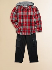 An everyday, plaid flannel shirt tee is designed in a layered-look silhouette with attached hood.Attached hoodLong sleevesButton-frontButton-flap patch pocketsCottonMachine washImported Please note: Number of buttons may vary depending on size ordered. 