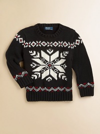 An essential snowflake crewneck sweater is rendered with an intarsia-knit motif for seasonal style.CrewneckLong sleevesPullover styleRibbed collar, cuffs and hemCottonMachine washImported