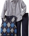 Izod Kids Boys 2-7 Argyle Sweater Vest Plaid Shirt and Pant 3 Piece Set, Sport Navy, 3T/3 Regular