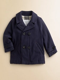 A classic peacoat in sturdy twill, perfect for romps on the playground or even a trip to Grandma's.Notched collar and lapelsDouble-breasted button frontAngled double-welt pocketsButton sleeve tabsCheck liningCottonMachine washImported Please note: Number of buttons may vary depending on size ordered. 