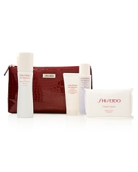 Bring intense moisture to skin and resist early signs of aging with The Ideal Moisture Skincare Set. Packaged in a beautiful red cosmetics pouch, the set includes: The Skincare Day Moisture Protection SPF 15 (full size 75 mL), The Skincare Purifying Cleansing Foam (travel size 50 mL), The Skincare Hydro-Balancing Softener (travel size 150 mL), Facial Cotton (8-piece) and a mini facial voucher (redeemable at any Shiseido counter).