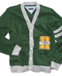 Preppy style at its best. Tommy Hilfiger's collegiate-inspired cardigan will prep him for academic success.