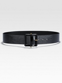 A patent leather style with stud detailing on the buckle. Black leatherShiny brass hardwareSits on the waistLeather covered square buckle with cone-shaped studsWidth, about 2Made in Italy