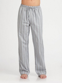 Stylish woven cotton lounge pant features a sophisticated stripe pattern for a streamlined finish.Elastic drawstring waistInseam, about 32CottonMachine washImported