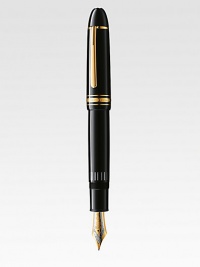 The legendary Meisterstück 149 piston fountain pen, is accented with a 18kt gold tip with rhodium-plated inlay, gold-plated clip and rings and finished with barrel and cap made of precious black resin.FountainGold-plated clipResin with inlaid logo emblemAbout 5¼ longMade in Germany