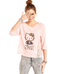 Don't be shy -- rock your adorable style! Hello Kitty's three-quarter sleeve top flaunts lace insets, a fun graphic and overall feline cool.