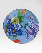 A vibrant bouquet of flowers blossoms on an enameled steel plate, hand decorated to create the ideal touch of color on a summertime table. From the Flower Market Collection Front and back design Bronzed stainless steel rim 10 diam. Dishwasher safe Imported 