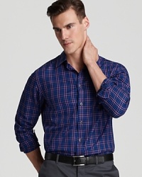 A slim fit, check printed sport shirt in crisp cotton. From Michael Kors.