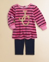 Crafted in plush velour, this stunning tunic features bold stripes and glimmering logo detail, paired with cozy leggings. Tunic Round necklineLong sleevesBack snaps Leggings Elastic waistbandCotton/Polyester/SpandexMachine washImported Please note: Number of snaps may vary depending on size ordered. 