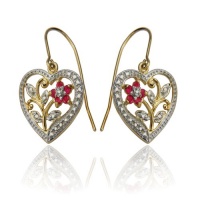 18k Yellow Gold Plated Sterling Silver Ruby and Diamond Accent Heart Earrings