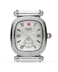 Be fashionably on time. With a mother-of-pearl dial and diamond-encrusted bezel, Michele's Caber watch is a glamorous take on a classic style.