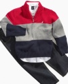 This handsome sweater, button-down and jeans set from Nautica will have him looking classy while he sits in class.