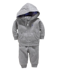 Rendered in luxuriously soft cotton, a hooded sweatshirt and matching athletic pant provide the perfect pairing for lounge or play.