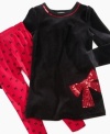 Bold red sequins and a fun print on this velour dress and leggings set from Flapdoodles make it an unforgettably sweet style.