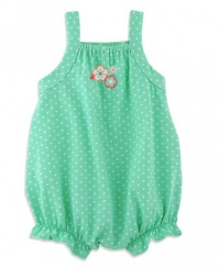 Chez Ami by Patsy Aiken Designs Girls Sleeveless One Piece Knit Bubble Romper Bay Green/White Pin Dot Print w/Flower Embroidery - Size 12M