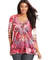 Punch up your casual look with One World's sublimated-print plus size top!