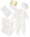 Perfect for both a girl or boy, this duck-print set welcomes them into the world in style, with adorable footies, hat, blanket, towel and two burp cloths.