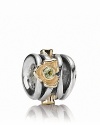 A stunning PANDORA charm featuring featuring a golden roses with peridot centers and bezel set diamond accents.