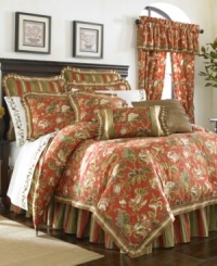 Capture the splendor of European decor with the Castille comforter set from J Queen. A backdrop of rich, warm hues and bold floral patterns serve as the focal point, while multicolored stripes add a contrasting effect. Sophisticated pleats, flanged edges and piping accents perfect the upscale look.