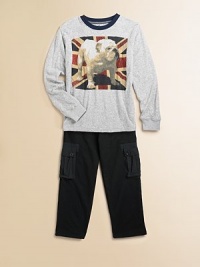 A long-sleeved, heathered cotton tee is ultra-fierce with a British flag and bulldog print.CrewneckLong sleevesPullover styleCottonMachine washImported