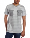 Southpole Men's Printed Stripe Utility Pockets Accent V-Neck Tee