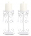 Set of 2 White Elegant Bead Wrought Iron Pillar Candle Holders [Misc.]