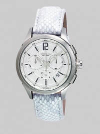 From the 939 Collection. Textured lizard leather brings exotic elegance to this timeless design of stainless steel with oversized round face. Quartz time module 2 movement Water resistant to 10 ATM Round stainless steel case, 40mm diameter(1.57) White dial Number and index markers Three chronograph sub dials Second hand Lizard leather strap Imported 