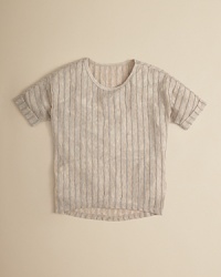 Knit metallic stripes jazz up this cuffed short sleeve top.